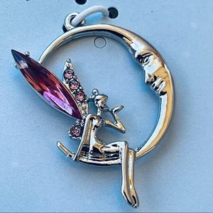 Silver Fairy Moon Jeweled pink silver Charm NEW